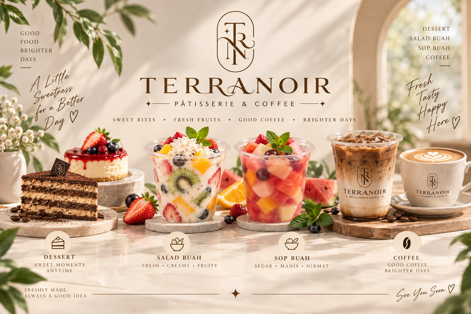Pilihan patisserie, salad buah, sop buah, dan kopi TERRANOIR
